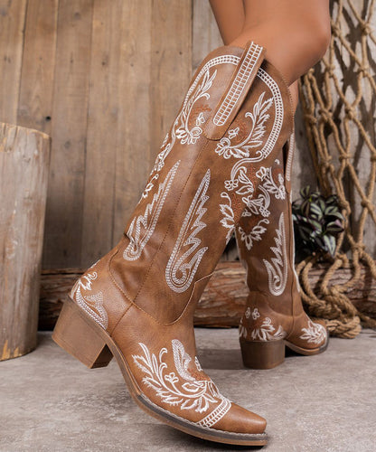 Brown Embossed Faux Leather Chunky Chunky Boots
