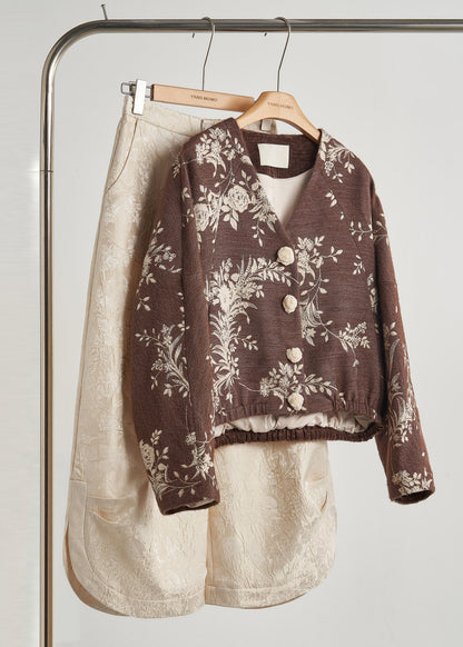 Brown Embroidered Decorated Cotton Jackets Spring