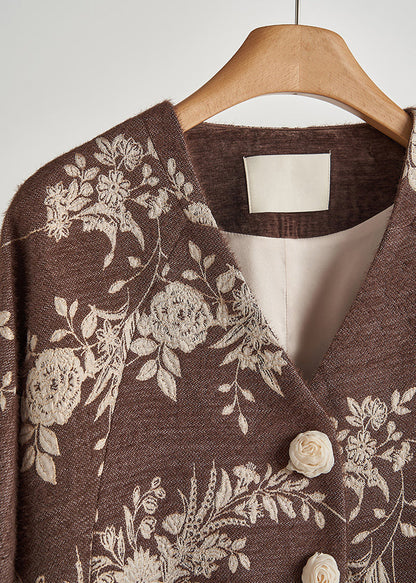 Brown Embroidered Decorated Cotton Jackets Spring
