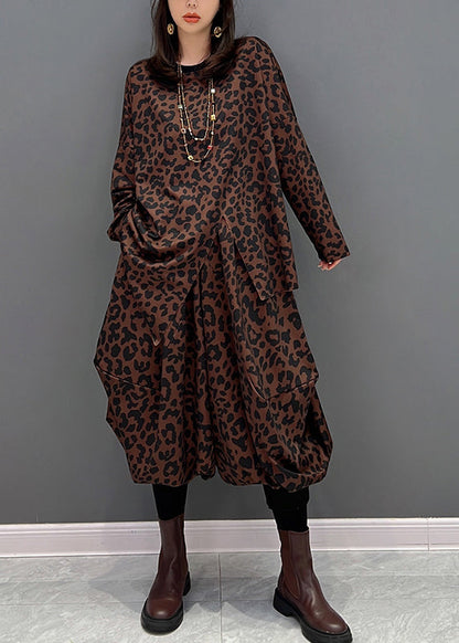 Brown O-neck Asymmetrical Print Top and Harem Pants Two Piece Set Fall