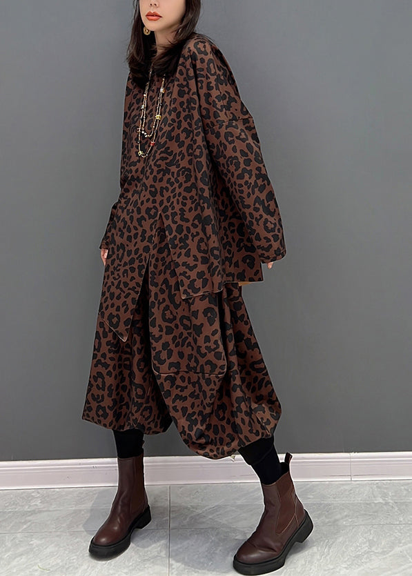 Brown O-neck Asymmetrical Print Top and Harem Pants Two Piece Set Fall