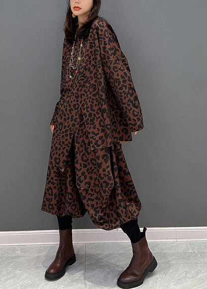 Brown O-neck Asymmetrical Print Top and Harem Pants Two Piece Set Fall