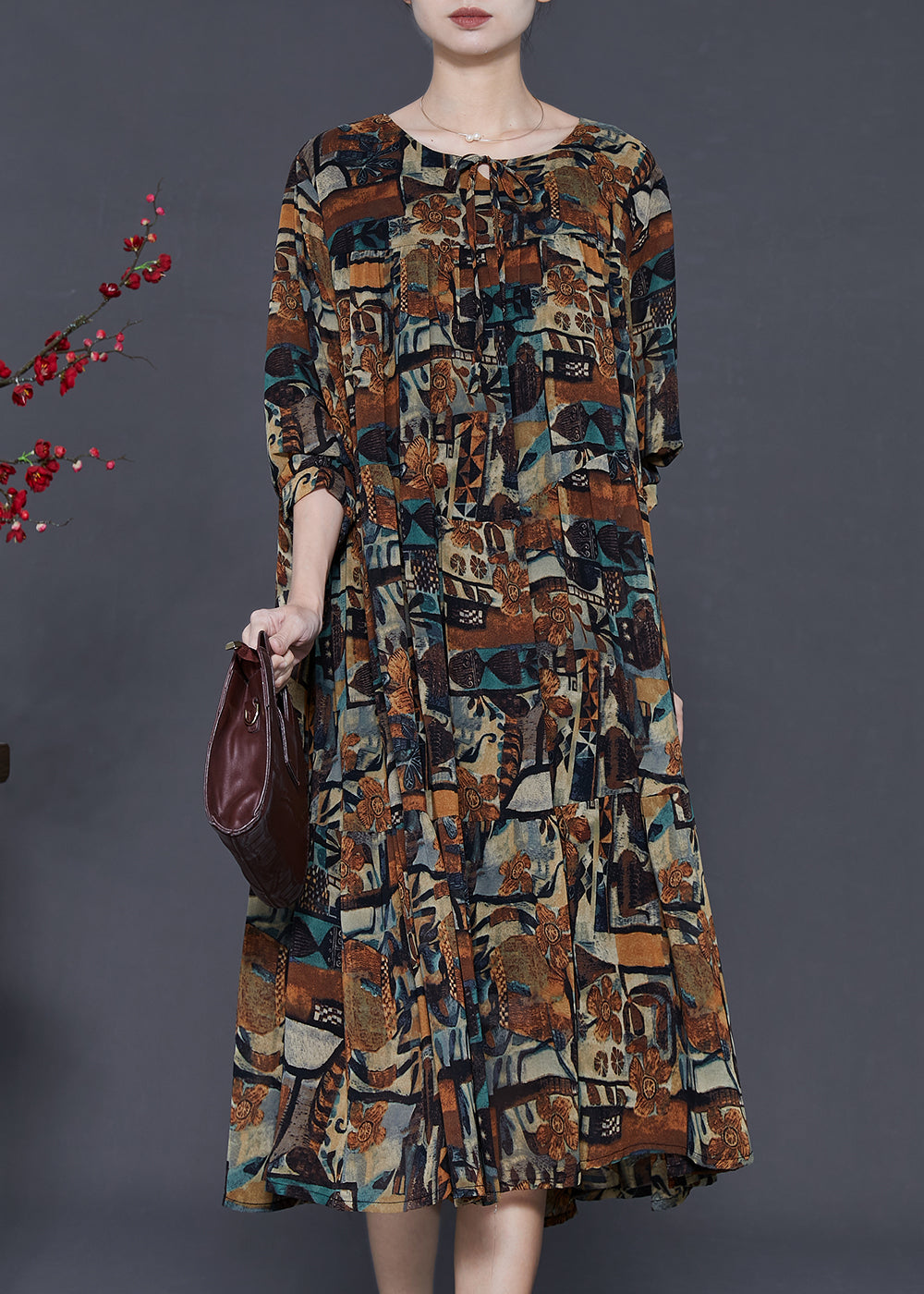 Brown Oversized Print Chiffon Vacation Dresses Spring
