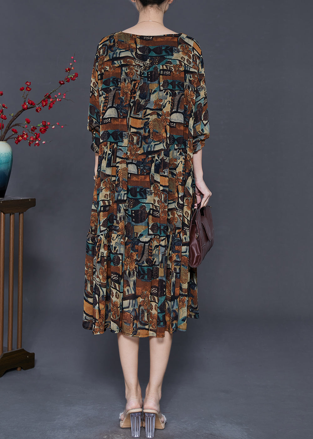 Brown Oversized Print Chiffon Vacation Dresses Spring