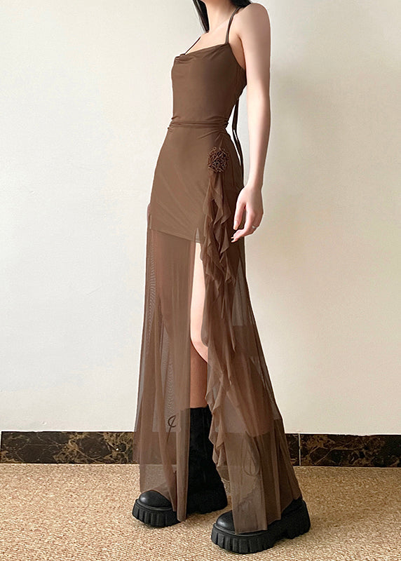 Brown Side Open Silm Fit Tulle Halter Dress Summer