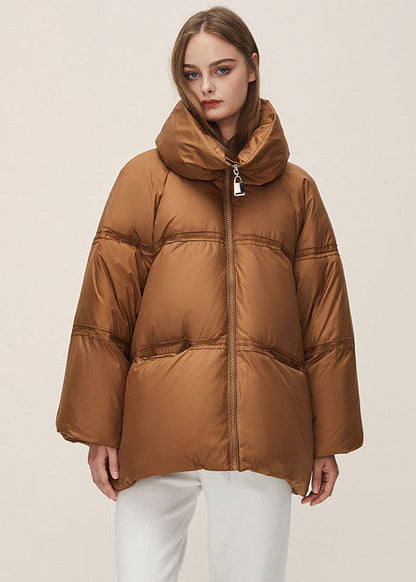 Brown Stand Collar Zippered Thick Duck Down Puffer Jacket Winter