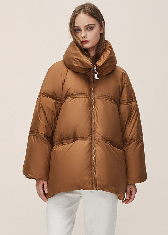 Brown Stand Collar Zippered Thick Duck Down Puffer Jacket Winter