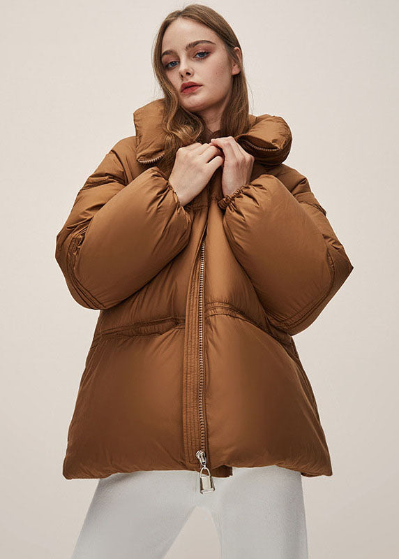 Brown Stand Collar Zippered Thick Duck Down Puffer Jacket Winter