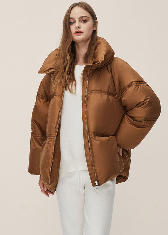 Brown Stand Collar Zippered Thick Duck Down Puffer Jacket Winter