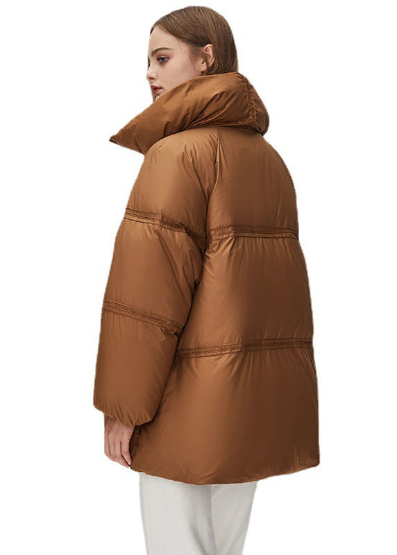 Brown Stand Collar Zippered Thick Duck Down Puffer Jacket Winter