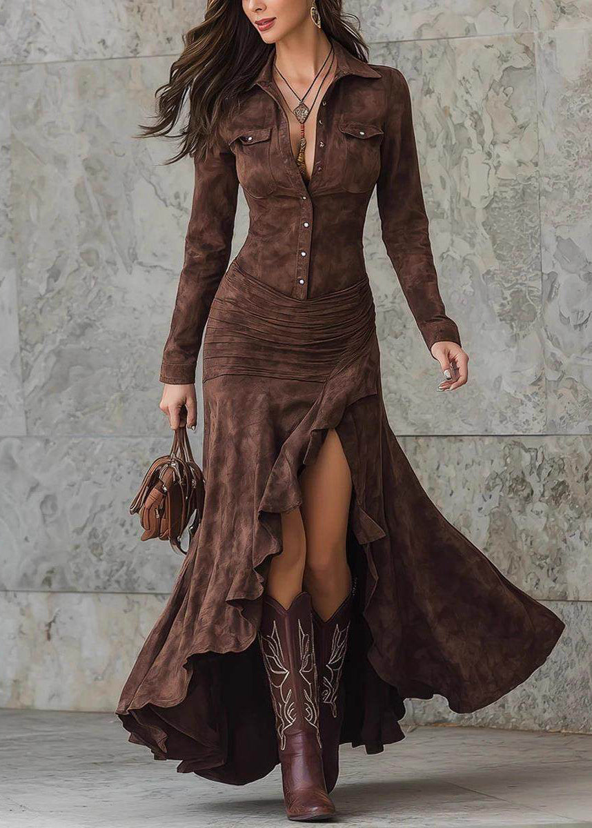 Caramel Peter Pan Collar Patchwork Side Open Velour Maxi Dress Spring