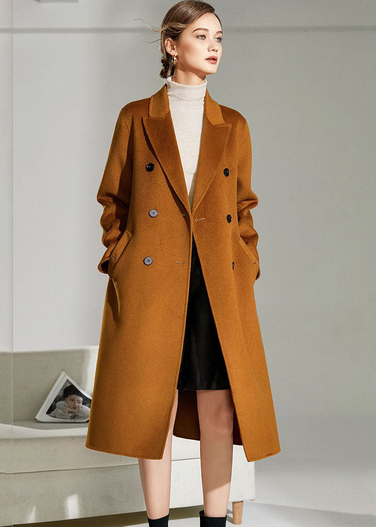 Caramel Peter Pan Collar Sashes Woolen Double Breasted Coat Winter