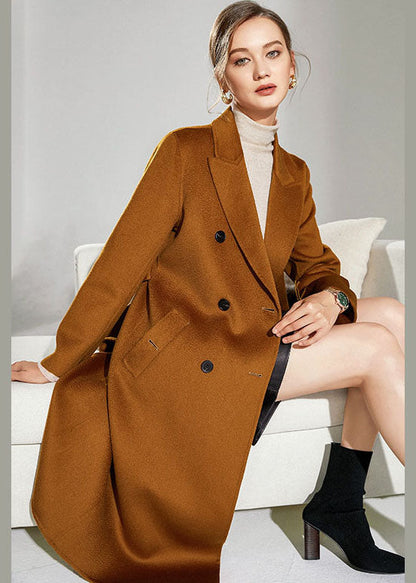 Caramel Peter Pan Collar Sashes Woolen Double Breasted Coat Winter