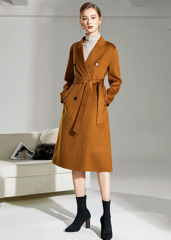 Caramel Peter Pan Collar Sashes Woolen Double Breasted Coat Winter