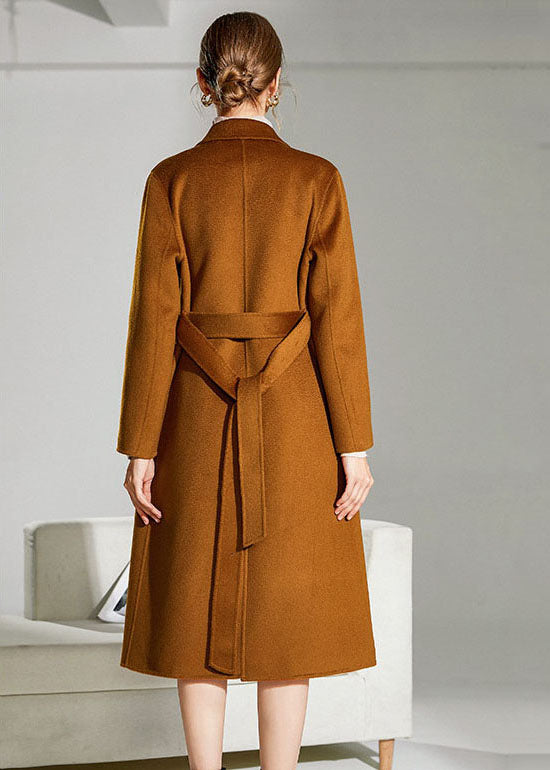 Caramel Peter Pan Collar Sashes Woolen Double Breasted Coat Winter