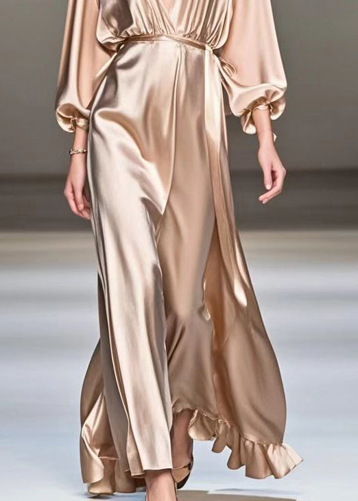 Champagne V Neck Ruffles Silk Long Dresses Spring