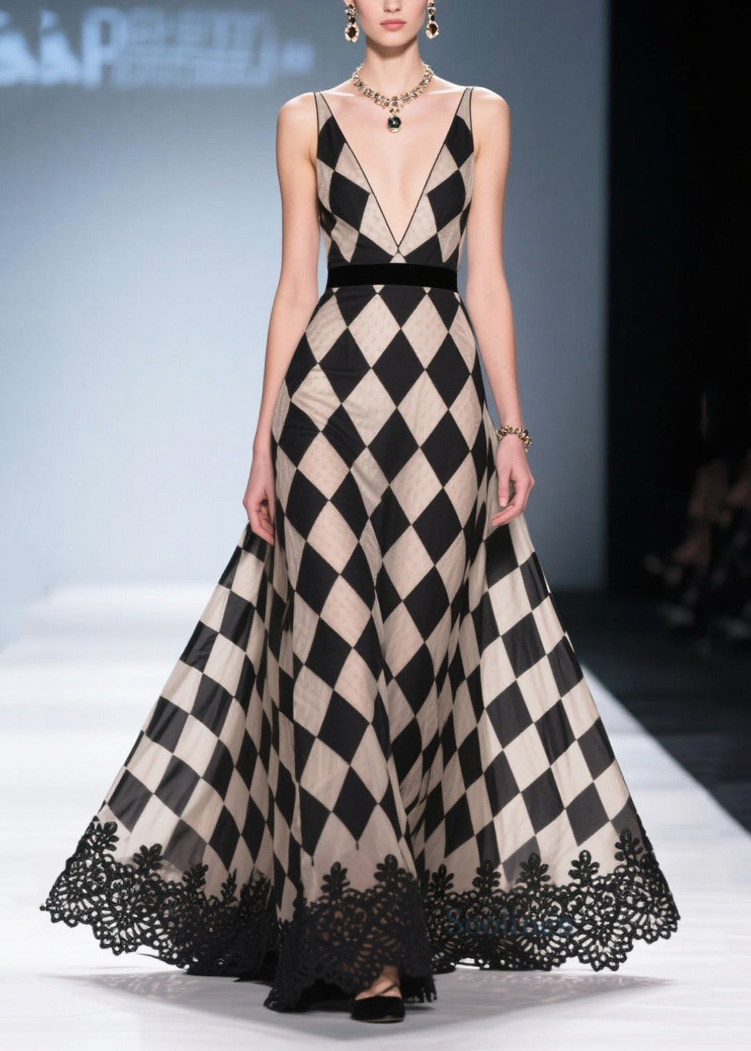 Chessboard Pattern Deep-v Neck Chiffon Long Dress Summer