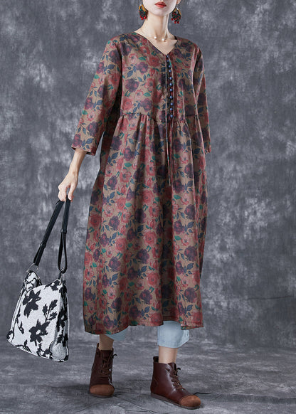 Chocolate Print Button Lace Up Linen Long Dress Bracelet Sleeve