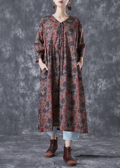 Chocolate Print Button Lace Up Linen Long Dress Bracelet Sleeve