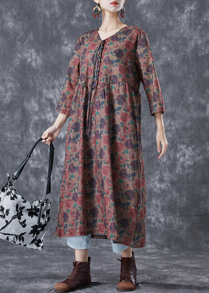 Chocolate Print Button Lace Up Linen Long Dress Bracelet Sleeve