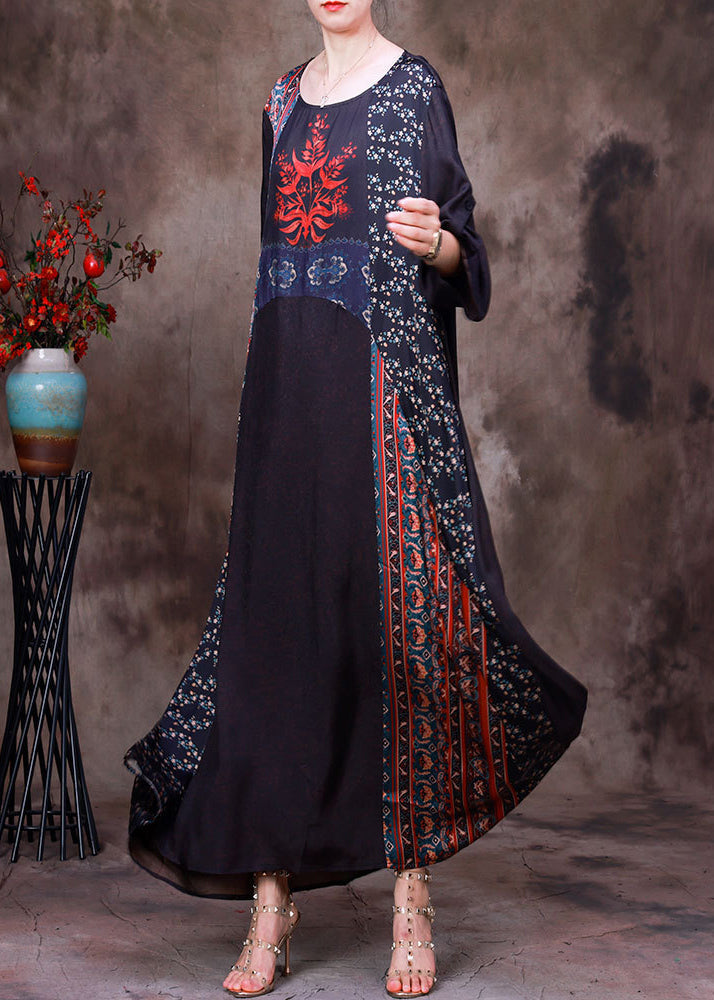 Chocolate Colour Print Patchwork Silk Maxi Dress Long Sleeve