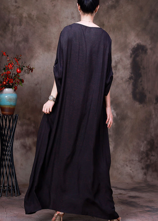 Chocolate Colour Print Patchwork Silk Maxi Dress Long Sleeve