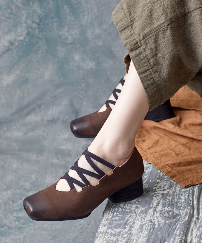 Coffee Cross Strap Cowhide Leather High Heels