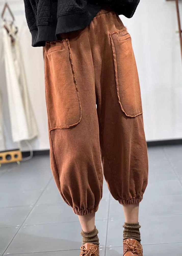 Chocolate Elastic Waist Pockets Patchwork Applique Cotton Harem Pants Fall