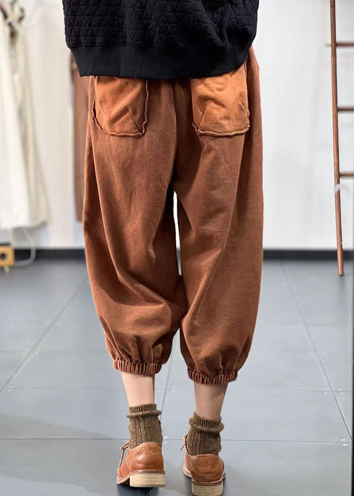 Chocolate Elastic Waist Pockets Patchwork Applique Cotton Harem Pants Fall