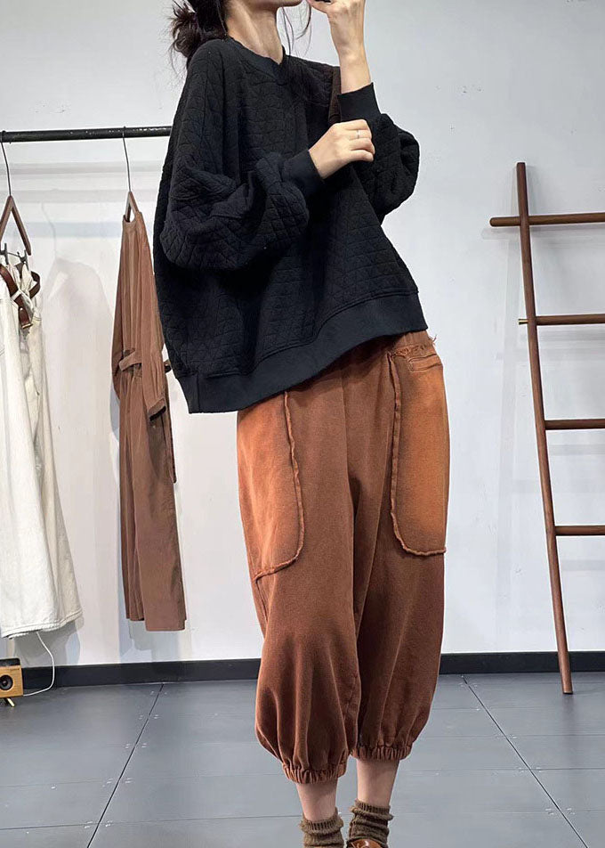Chocolate Elastic Waist Pockets Patchwork Applique Cotton Harem Pants Fall