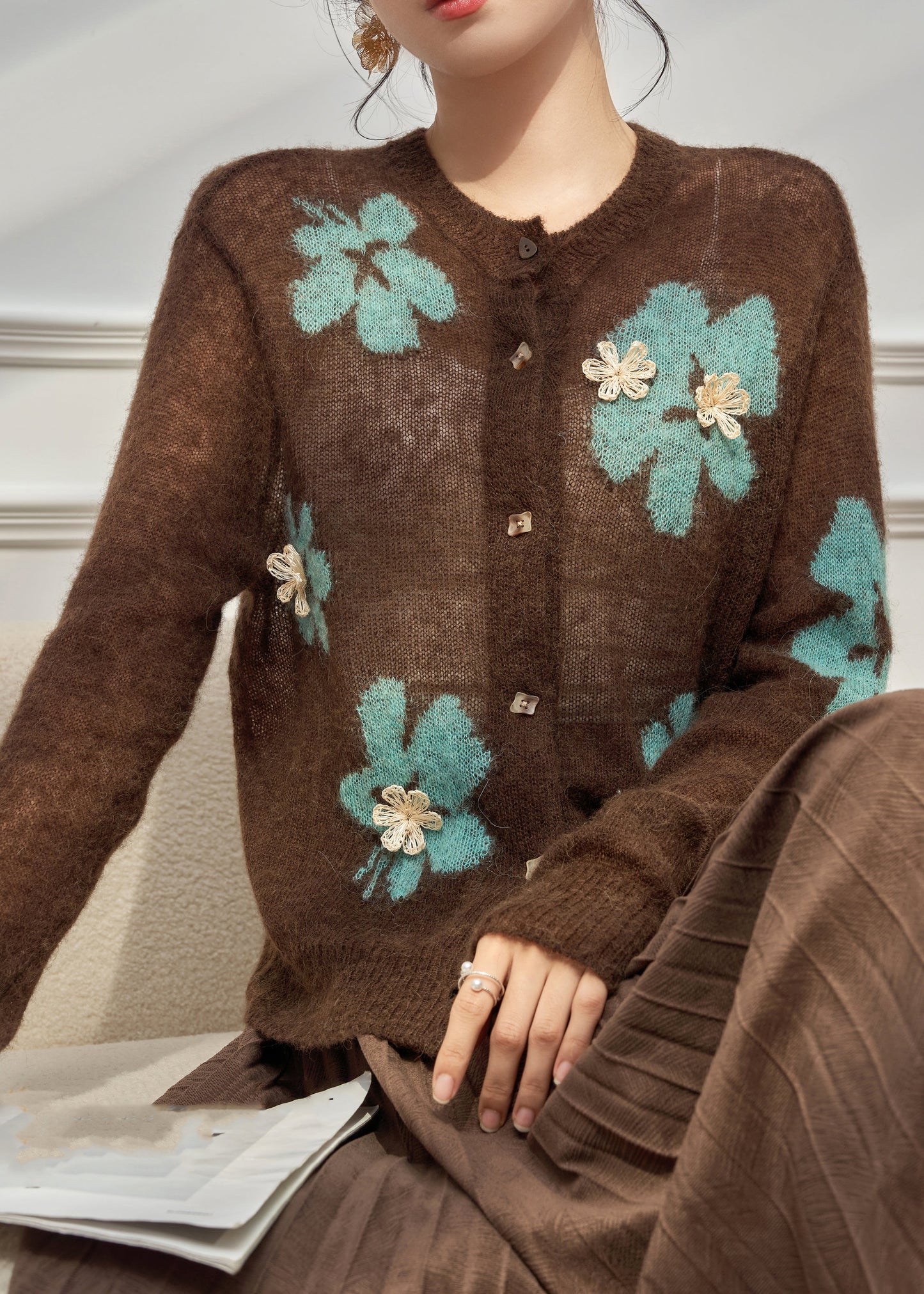 Coffee O-neck Patchwork Button Cotton Knit Cardigan Spring