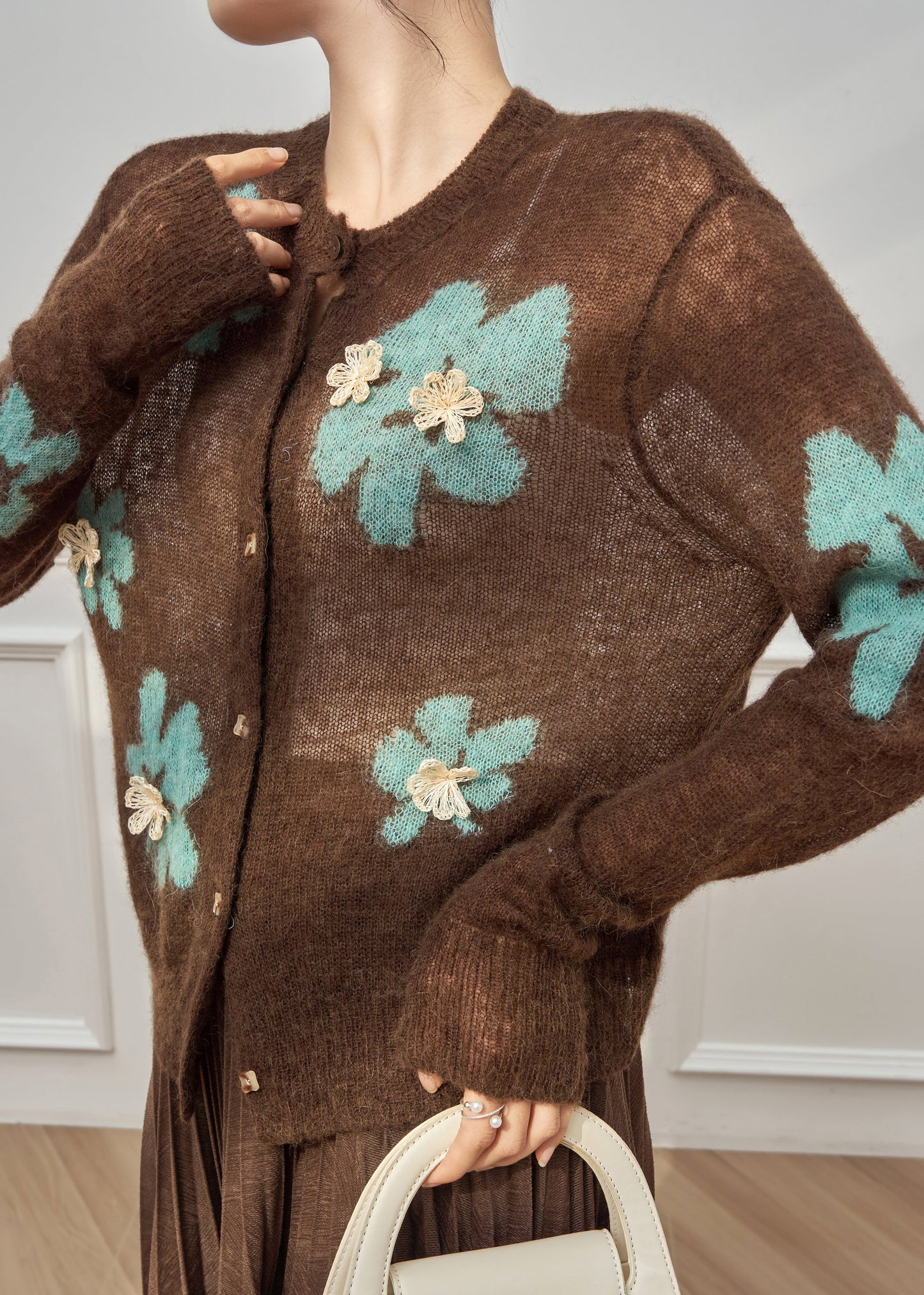 Coffee O-neck Patchwork Button Cotton Knit Cardigan Spring