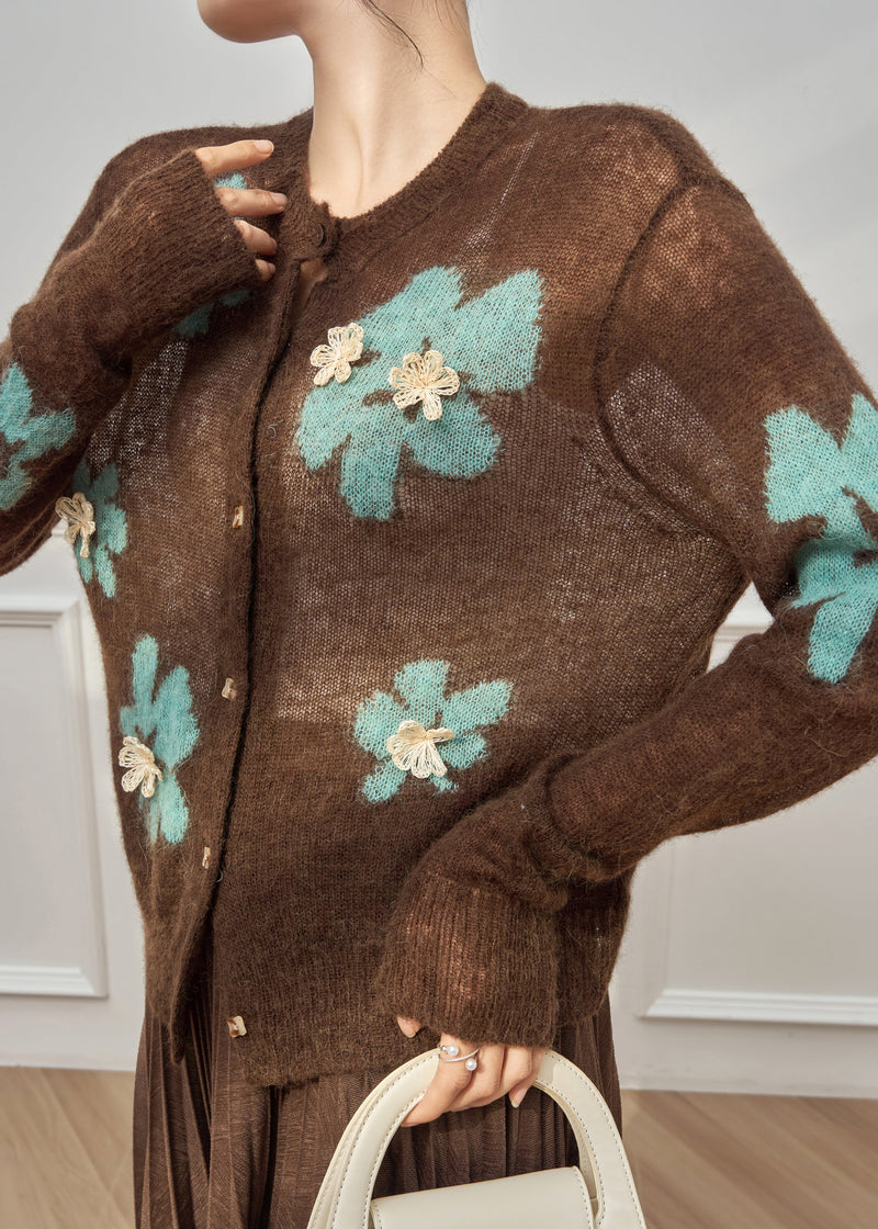 Coffee O-neck Patchwork Button Cotton Knit Cardigan Spring