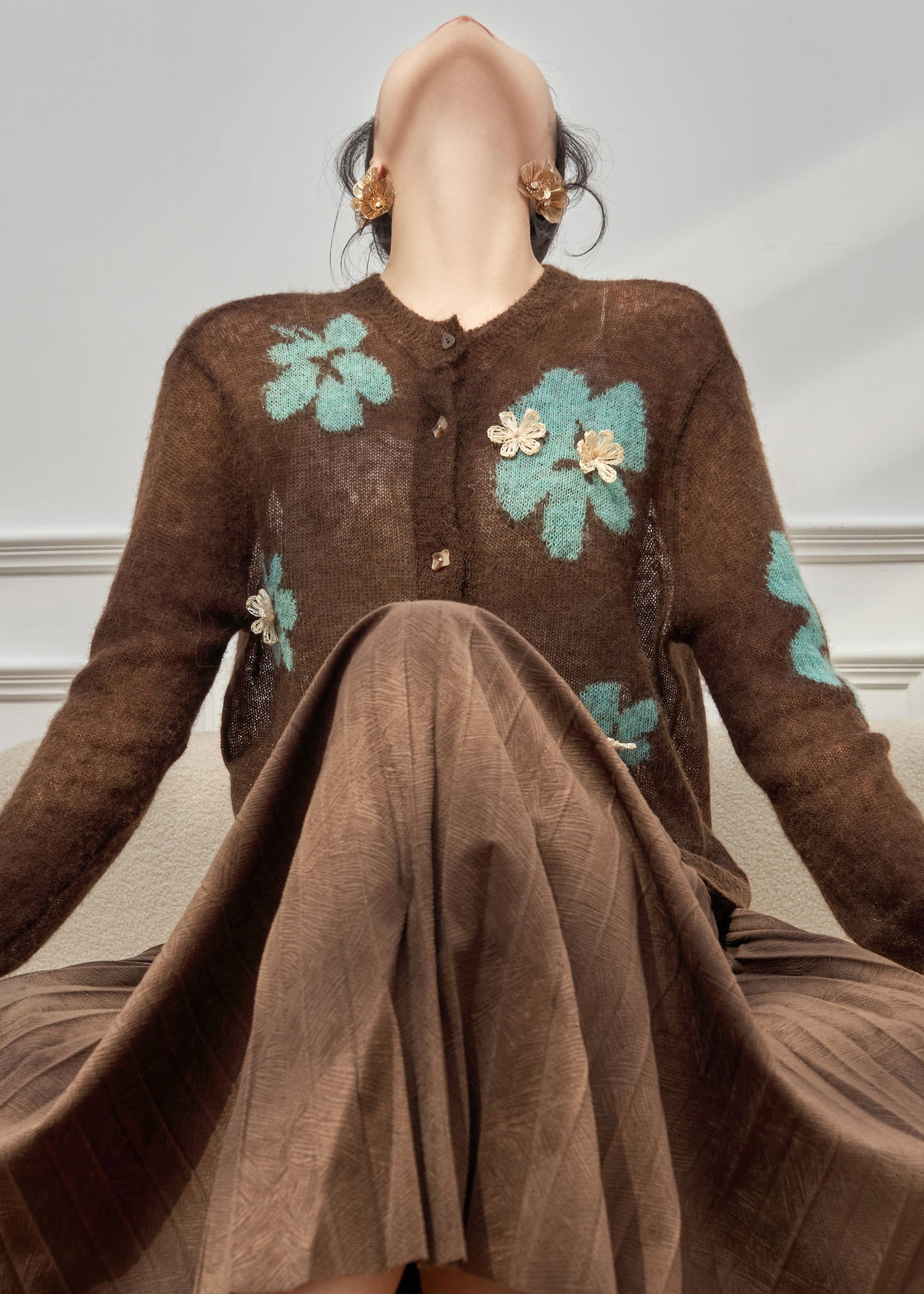 Coffee O-neck Patchwork Button Cotton Knit Cardigan Spring