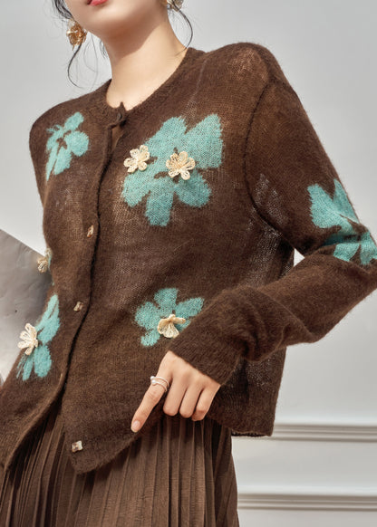 Coffee O-neck Patchwork Button Cotton Knit Cardigan Spring
