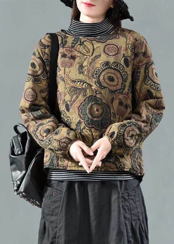 Coffee O Neck Print Fine Cotton Filled Pullover Sweatshirt Spring