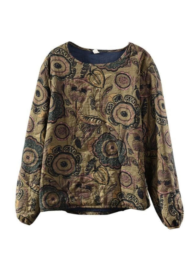 Coffee O Neck Print Fine Cotton Filled Pullover Sweatshirt Spring