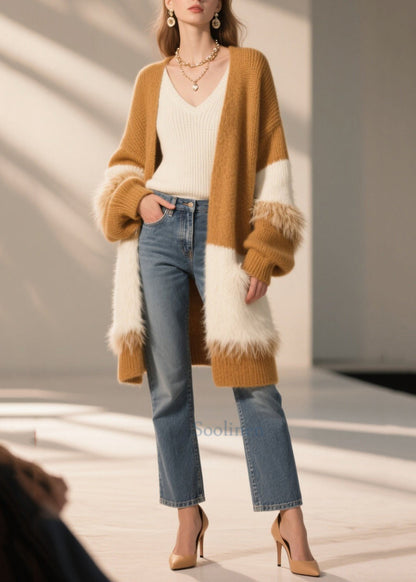 Coffee Oversized Patchwork Faux Fur Long Cardigan Winter