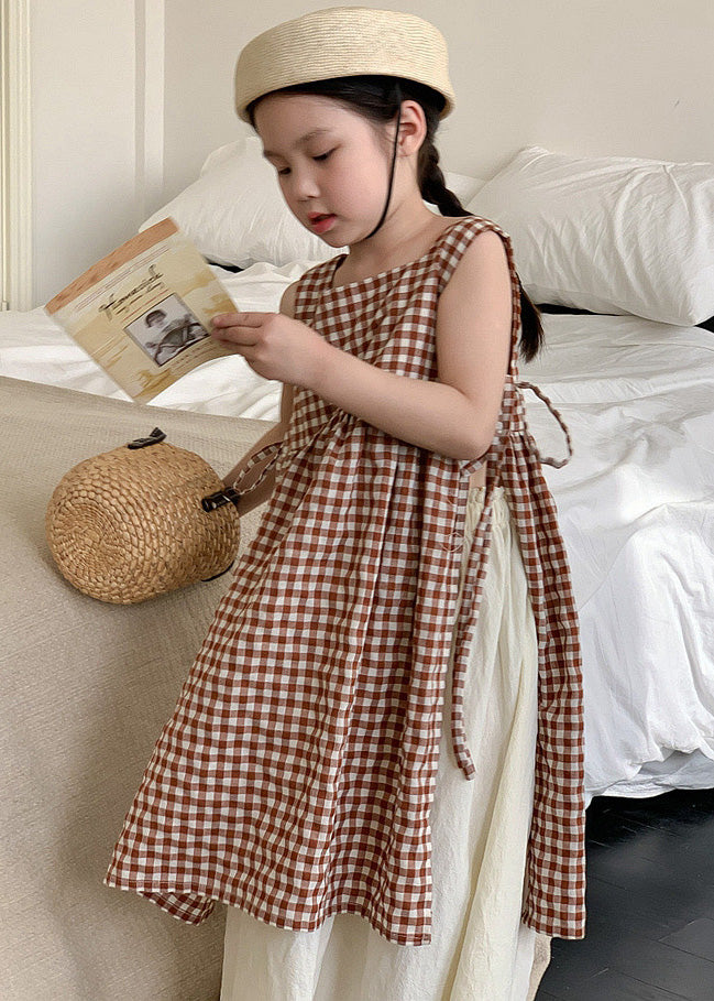Coffee Plaid Square Collar Side Open Tie Waist Cotton Kids Long Dress Summer