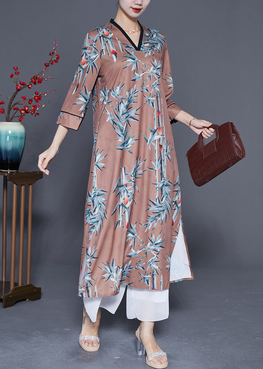 Coffee Print Side Pen Chiffon Long Dresses Bracelet Sleeve