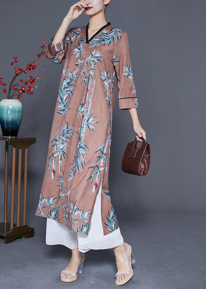 Coffee Print Side Pen Chiffon Long Dresses Bracelet Sleeve