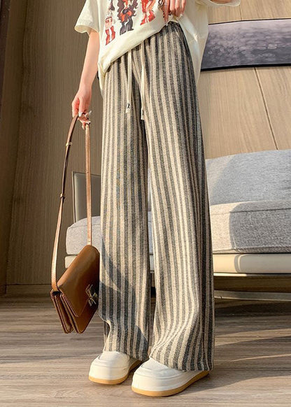 Coffee Striped Patchwork Elastic Waist Cotton Wide Leg Pants Spring