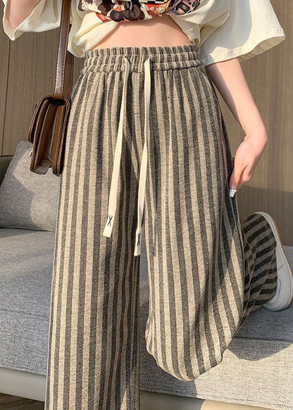 Coffee Striped Patchwork Elastic Waist Cotton Wide Leg Pants Spring