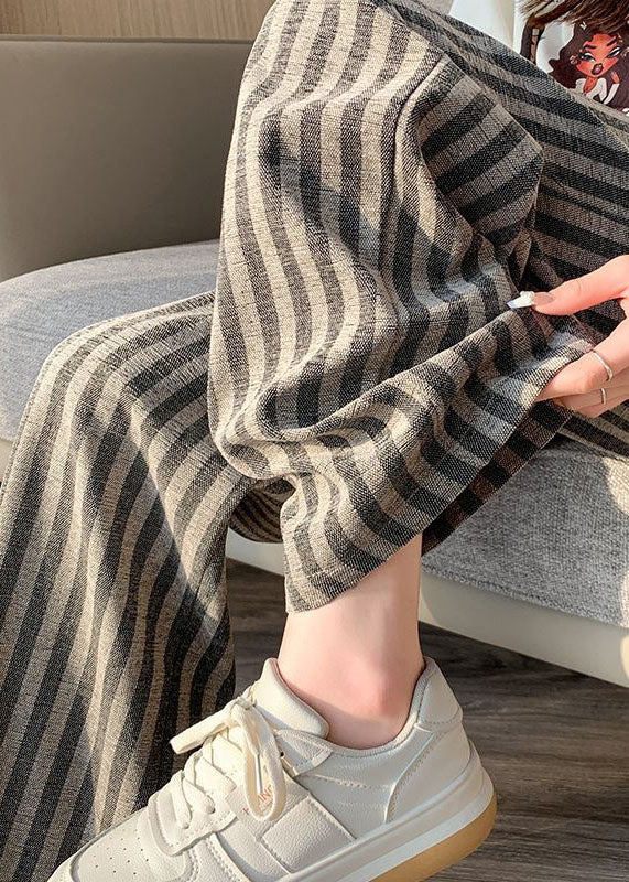 Coffee Striped Patchwork Elastic Waist Cotton Wide Leg Pants Spring