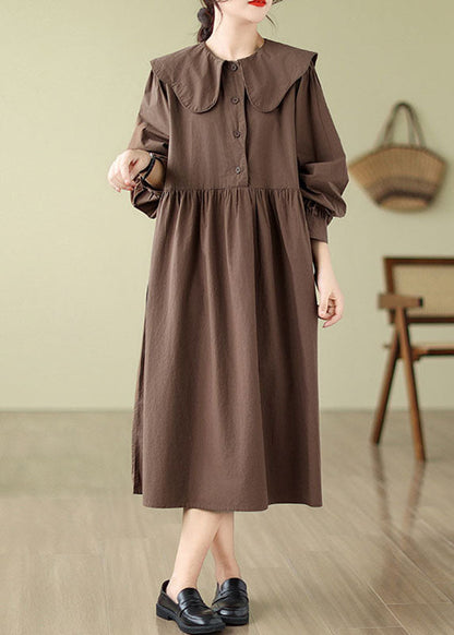 Coffee Wrinkled Button Long Dress Long Sleeve