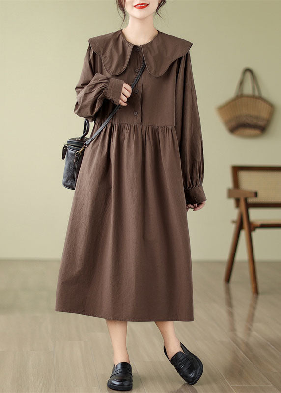 Coffee Wrinkled Button Long Dress Long Sleeve