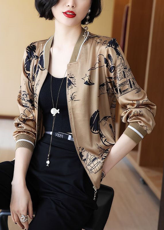 Coffee Zippered Patchwork Print Silk Coats Spring
