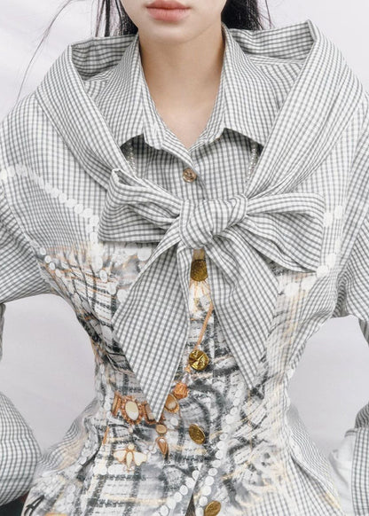 Boho Cold Shoulder Plaid Cotton Fake Two Piece Shirt Top Spring