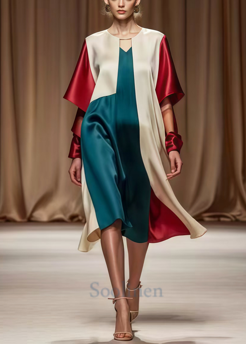 Colorblock Asymmetrical Patchwork Silk Tea Dress Spring
