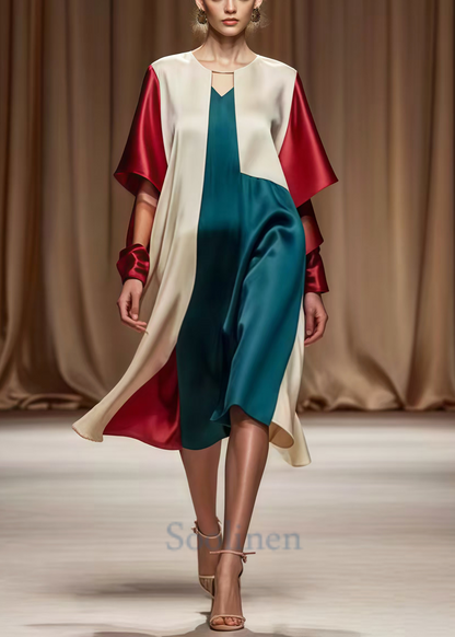 Colorblock Asymmetrical Patchwork Silk Tea Dress Spring